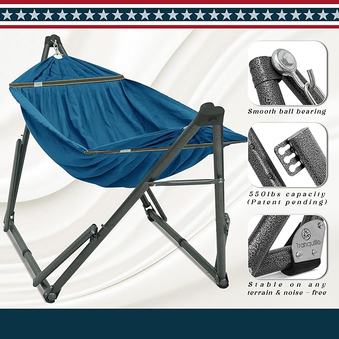 Tranquillo Uniki Hammock Stand 550 lbs Capacity Portable Collapsible Outdoor Hammock with Stand Signature Steel Stand Breathable Canvas Hammock Net Blue