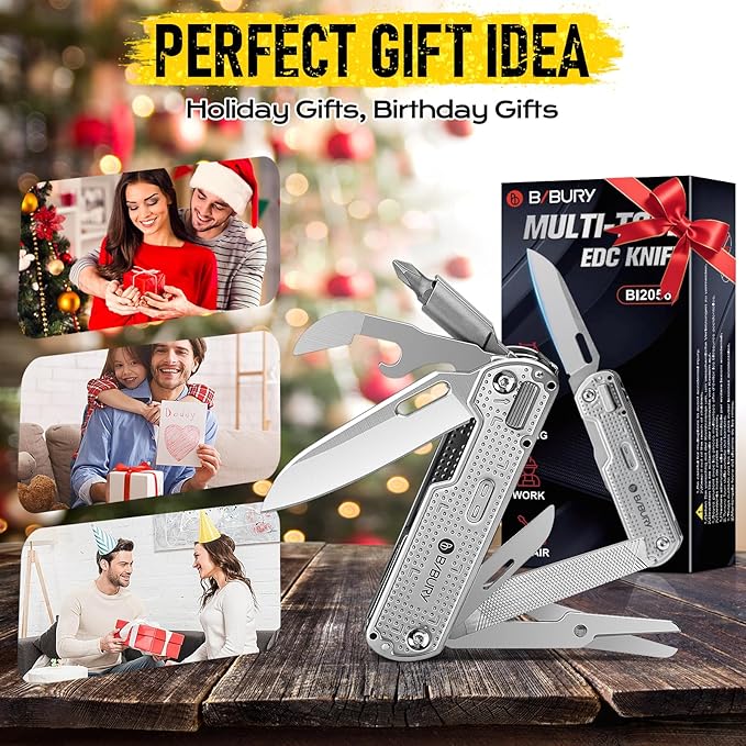 BIBURY Multitool Pocket Knife BI2056 Stainless Steel Multi Tool Knife with Clip Folding Multitool EDC Knife with Magnetic LockingScrewdriverLarge ScissorsGlass Breaker for Survival Camping Hiking