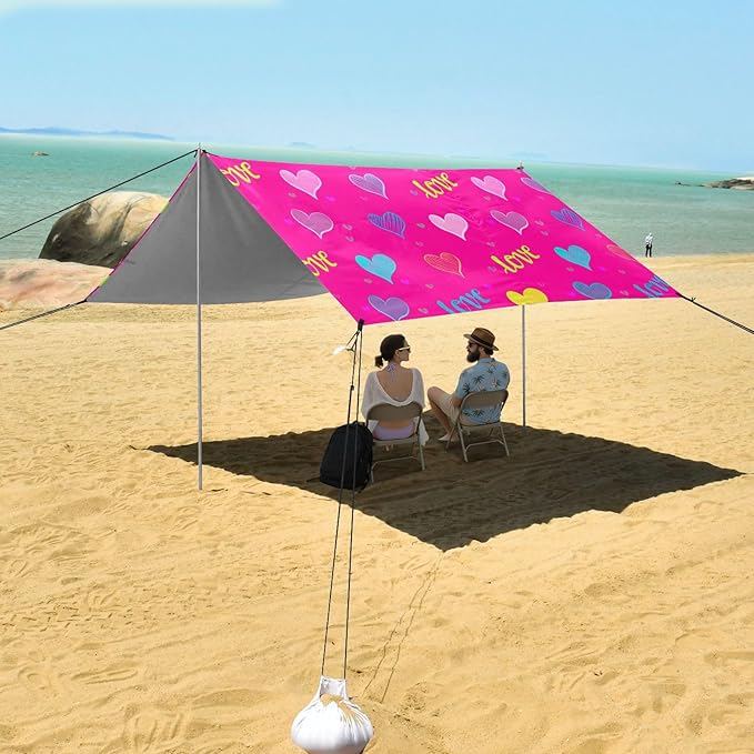 Beach Canopy with Windproof Ropes &amp Sandbags Beach Tent Sun Shade Sun Shelter for Camping Trips Fishing Backyard Fun or Picnics Hearts