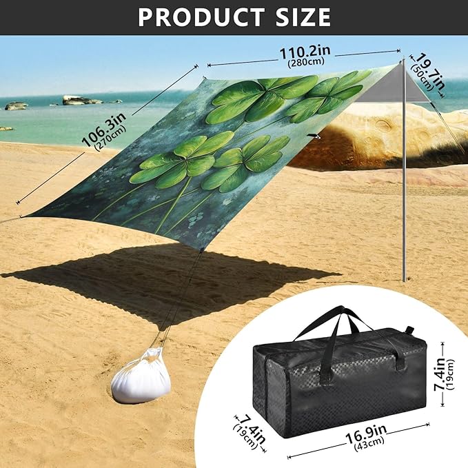 ALAZA Saint Patricks Day Green Clover Leaves Beach Tent Sun Shelter Portable Canopy Sunshade for Outdoor Camping Picnics Backyard Fun 10x9 ft