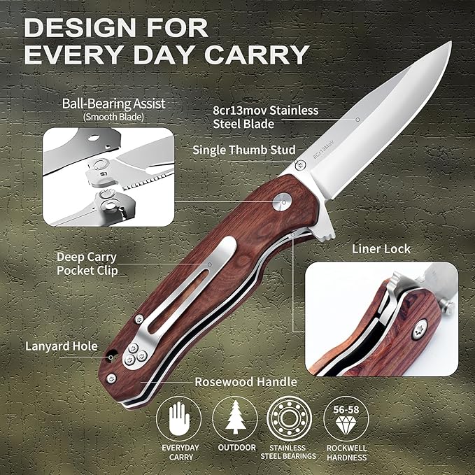 Vickay Pocket Knife for Men Folding Knife for Women with Clip 2.9inch 8Cr13MoV Steel Blade Wood Handle EDC Knife for Camping Tactical Hunting Camping Hiking and Everyday Carry