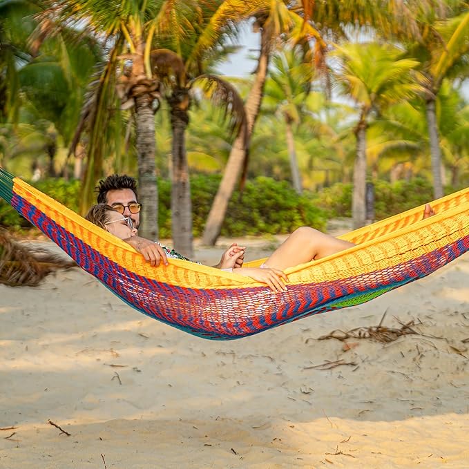 Lazy Daze Hammocks Handwoven Mayan Hammock 10.5 FT Soft Rope Double Hammocks Portable Outdoor Hammock with Carry Bag 2 Straps &amp Carabiners for Patio Outside 550 lbs Weight Capacity Multi Colo