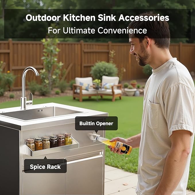 BODEGA Stainless Steel Outdoor Kitchen Sink Cabinet Outdoor Sink With Hose Hook UpSingle Bowl Kitchen Sinks With Brake Wheels &amp Spice Rac All-Weather Use Mobile Prep Station for BBQ Camping
