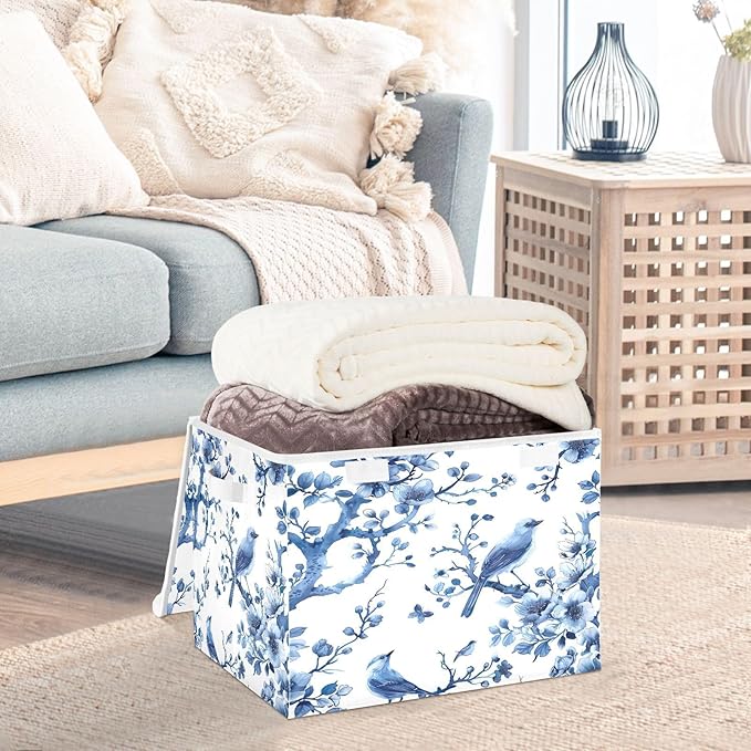 Beautiful Flowering Birds Fabric Storage Bins with Lids and HandleFoldable Storage Bins with LidsCloset Organizers for Clothes Storage Room Organization Office Storage Chest Organizer