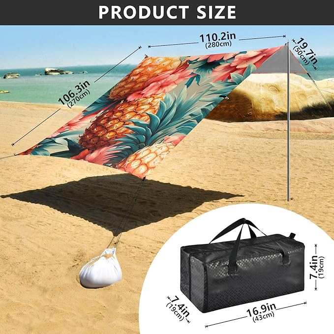 ALAZA Pineapples Red Floral Beach Tent Sun Shelter Portable Canopy Sunshade for Outdoor Camping Picnics Backyard Fun 10x9 ft