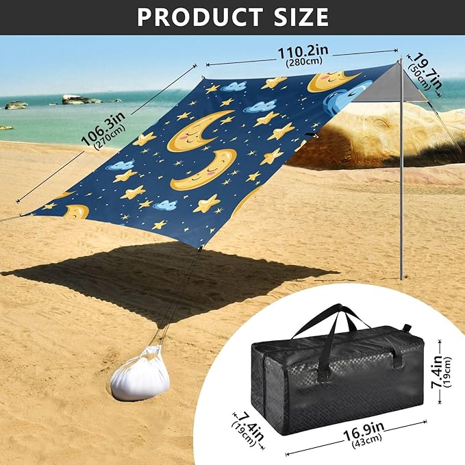 ALAZA Moon Stars Cartoon Seamless Beach Tent Sun Shelter Portable Canopy Sunshade for Outdoor Camping Picnics Backyard Fun 10x9 ft