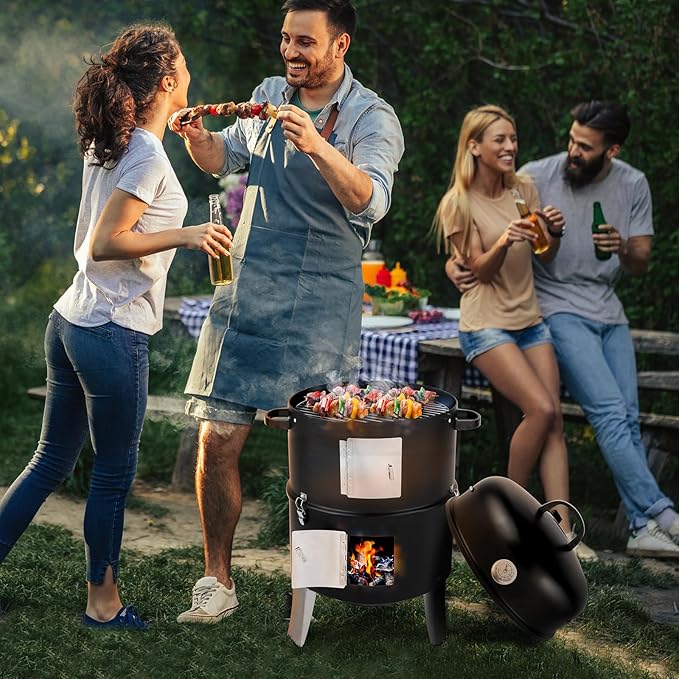 32 Vertical Steel Charcoal Smoker GrillHeavy Duty BBQ GrillsOutdoor Camping Backyard Barbecue GrillMetal Barbecue Smokerswith Thermometerfor Patio Garden Beach Porch Lawn Yard (Black)