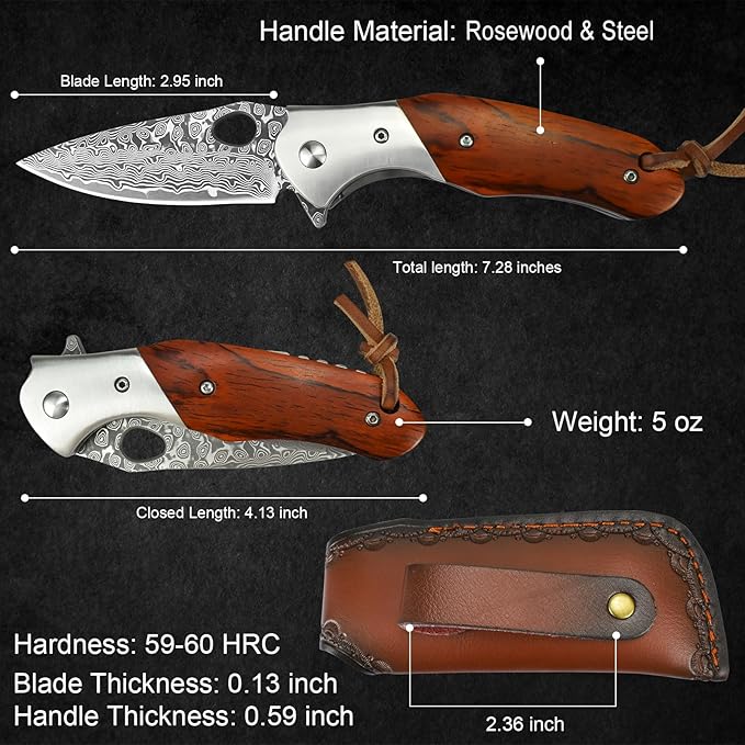 KOMWERO Damascus Pocket Knife for Men VG10 Core Damascus Steel Folding Knife with Wood Handle Ball Bearing Thumb Hole Liner Lock Sheath for EDC Outdoor Survival Hunting