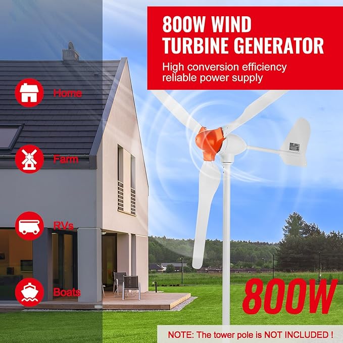 Happybuy 800W Wind Turbine Generator 12V Wind Turbine Kit 3-Blade Wind Power Generator with MPPT Controller Adjustable Windward Direction &amp 2.5m/s Start Wind Speed for Home Farm RVs and Boat