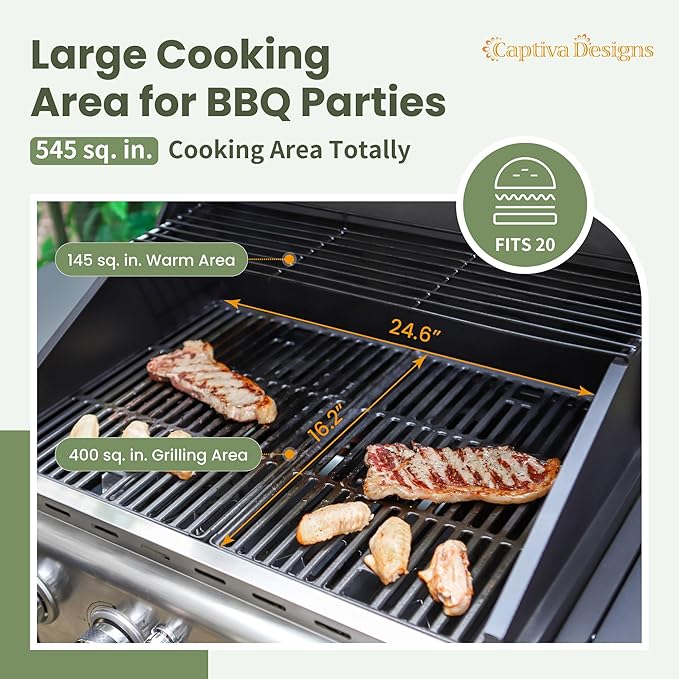 Captiva Designs 4-Burner Propane Gas BBQ Grill with Side Burner &amp Porcelain-Enameled Cast Iron Grates 42000 BTU Output Barbeque Grill for Outdoor Cooking Kitchen and Patio Backyard Barbecue Blu