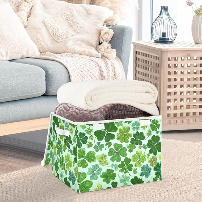 Mint Green Clover Leaf Speckle Storage Box with Lid 1 PC Foldable Storage Bin with Lids Stackable Storage Bins Cube Closet Organizer Basket with Flip-Top Lid &amp Handles for Shoes Books Towels