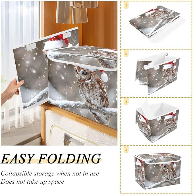 Storage Cube with Lid Christmas Owl Print 16.5×12.6×11.8 IN Collapsible Large Capacity Foldable Storage Basket Bin Organizer