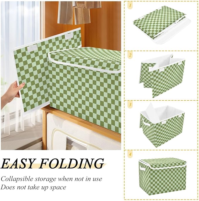 Light Green Checkerboard Storage Baskets Lidded Bin Foldable Storage Boxes Cubes Lids with 2 Handles for Organizing Closet Home Office