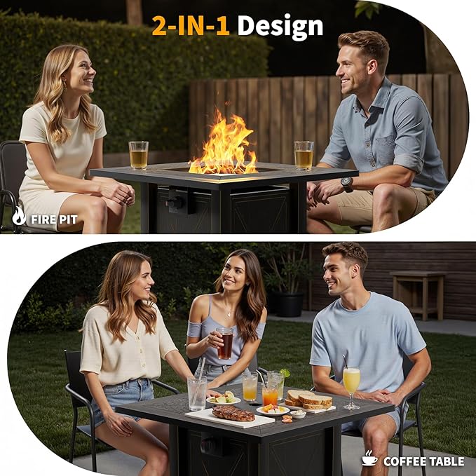 HOTEAGLE 30 Propane Fire Pit with Premium Ceramic Tabletop 50000 BTU Powerful Gas Firepit Table - Includes Lid and Lava Rocks Ideal Outdoor Fire Pit for Dining Party in Patio Garden Yard