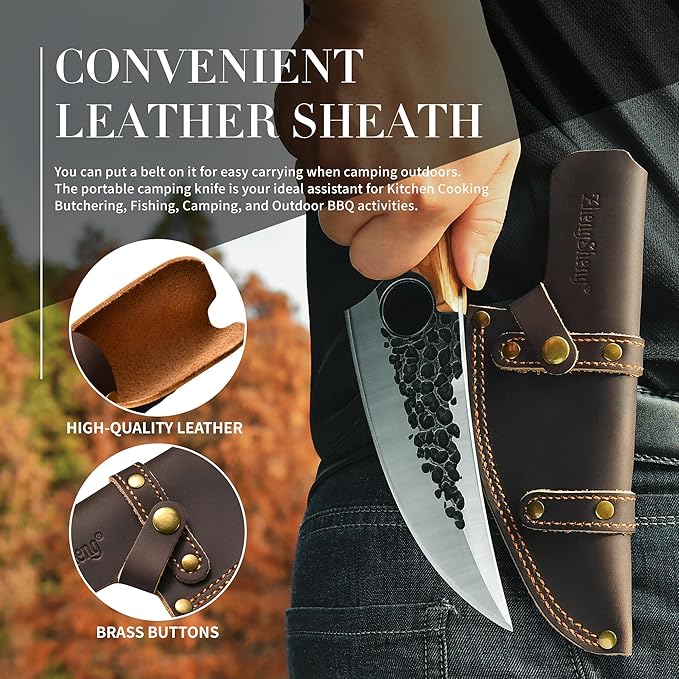ZhengSheng Chef Knife Great Kitchen Knife with Leather Sheath Olive Wooden Handle Japanese Style Forged Viking knives for Home Cooking Camping BBQ