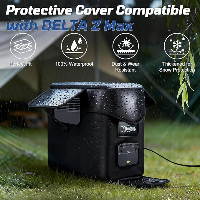 Heavy-Duty Protective Cover Compatible with EcoFlow DELTA 2 Max &amp Extra Battery 1680D Waterproof Dustproof Storage Case with Side Accessory Pocket Precision Fit for Outlets &amp Ventilation (Bl
