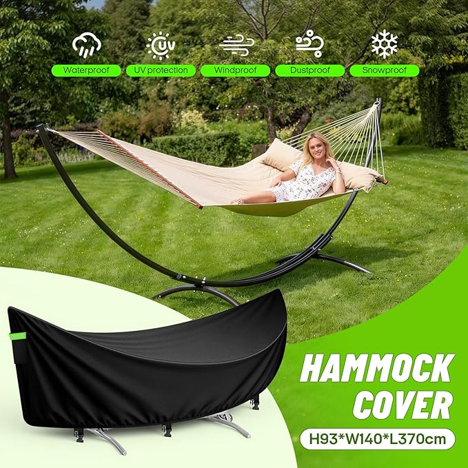 Hammock Cover Waterproof 420D Heavy Duty Hammock Stand Covers with Windproof Straps Sun Rain UV Dust Snow Protection Universal Cover Fits for 11-12Ft Stand Outdoor Patio