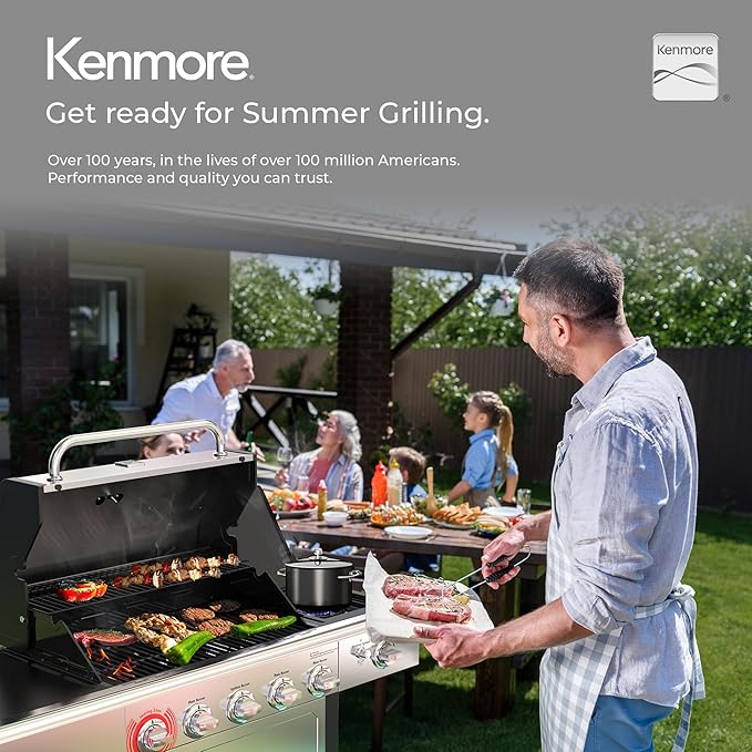 Kenmore BBQ Propane Gas Grill - 5 Burners with Side Burner &amp Searing Zone 644 Sq. In. Stainless Steel Grill 66000 BTU Ideal for Outdoor Cooking Patio &amp Backyard Silver