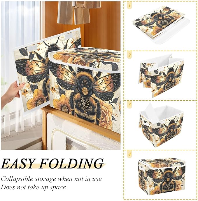 Bee Gold Floral Large Storage Bins with Linen Foldable Storage Box Fabric Closet Organizer Containers Cubes with Flip-Top Lid for Home Office 16.5” x 12.6” x 11.8”
