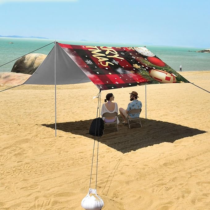 ALAZA Christmas Checked Beach Tent Sun Shelter UPF50+ Protection Beach Shade Canopy w/ 4 Sandbags for Outdoor Camping Fishing Backyard Fun Picnic 10x9 ft