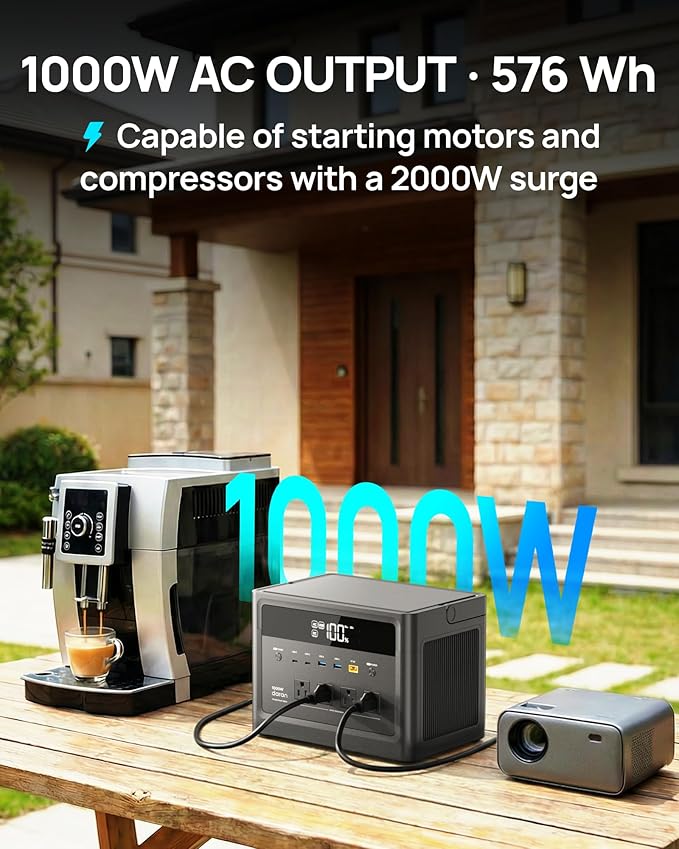 2026 Portable Power Station 1000W (Surge 2000W) 576Wh LiFePO4 Battery Solar Generator Power Bank 110V Pure Sine Wave AC Outlet with PD 100W USB-C Fast Charging for Home Use Hurricane Emergency RVs