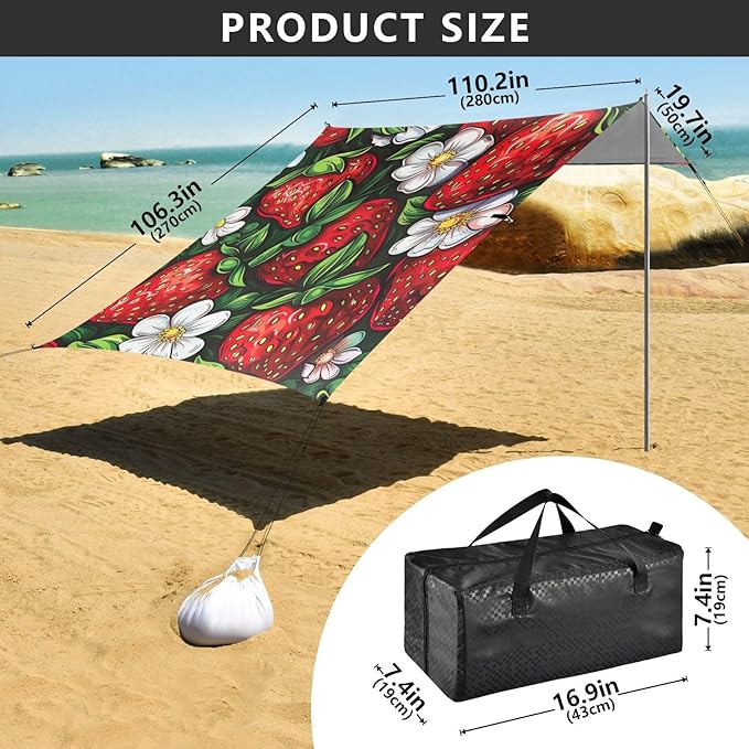 ALAZA Cute Strawberry Cherry and Flower Beach Tent Sun Shelter Portable Canopy Sunshade for Outdoor Camping Picnics Backyard Fun 10x9 ft