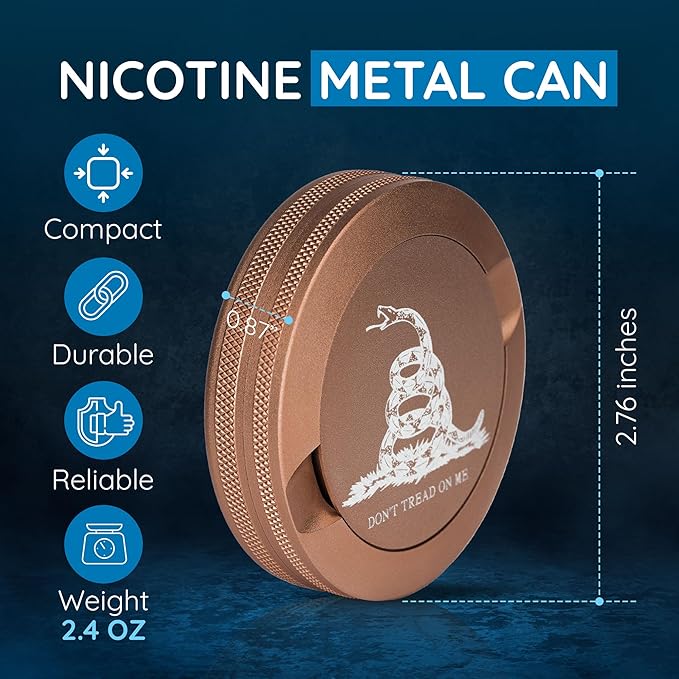 Don’t Tread on Me Zyn Metal Can | Nicotine Pouch Container | Moisture &amp Odor Proof Snus Can | Zyn Accessories | Laser Engraved Gadsden Flag Design (Copper)