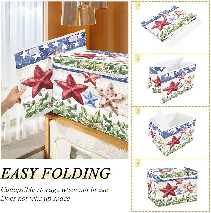 senya July Fourth Baskets Collapsible Storage Bins with Lids American Flag Stars Storage Boxes Clothes Baskets for Organizing B06D22020