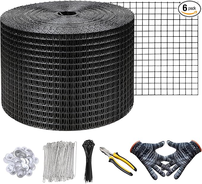 KASTLITE Solar Panel Bird Guard Mesh Kit - 6in x 100ft PVC Coated Galvanized Wire Screen 100 Stainless Clips Pliers &amp Gloves - No Drill Critter Shield Rodent Barrier Fence for Under Panels Bla