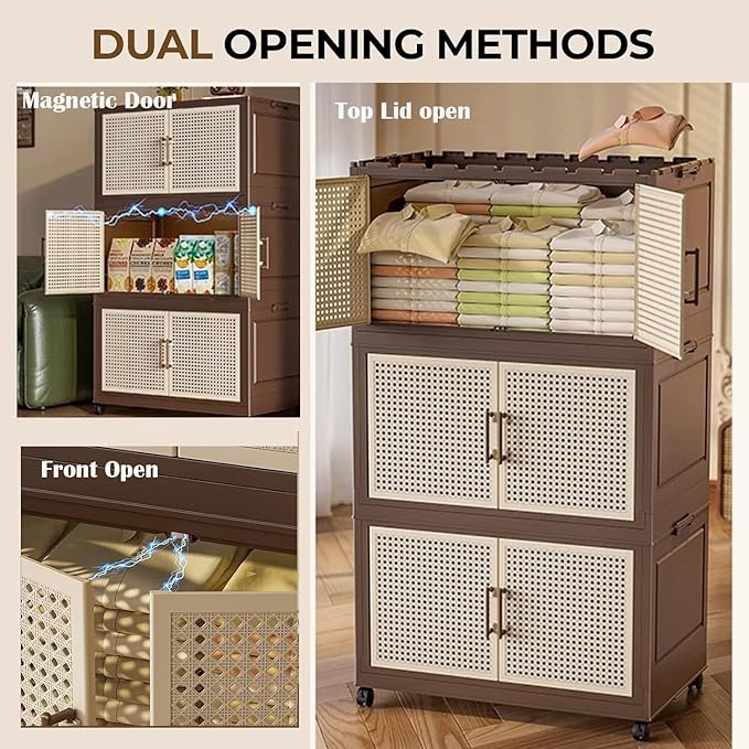 Plastic bins for storage Collapsible Closet Organizer with Wheels Extra Large Storage Cabinet Rolling Closet Organizers Container with Doors for Living RoomBedroomOffice(3 tier65x40x184.5cm)