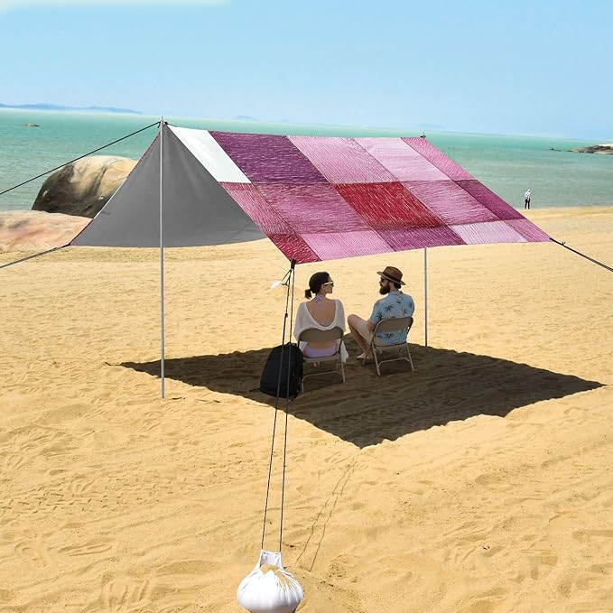 Palevioletred Checked Hand-Drawn Sketch Beach Cabana UPF50+ Water-Resistant Shade Sun Shelter with Sandbags Sand Shovel Poles for Backyard and Camping