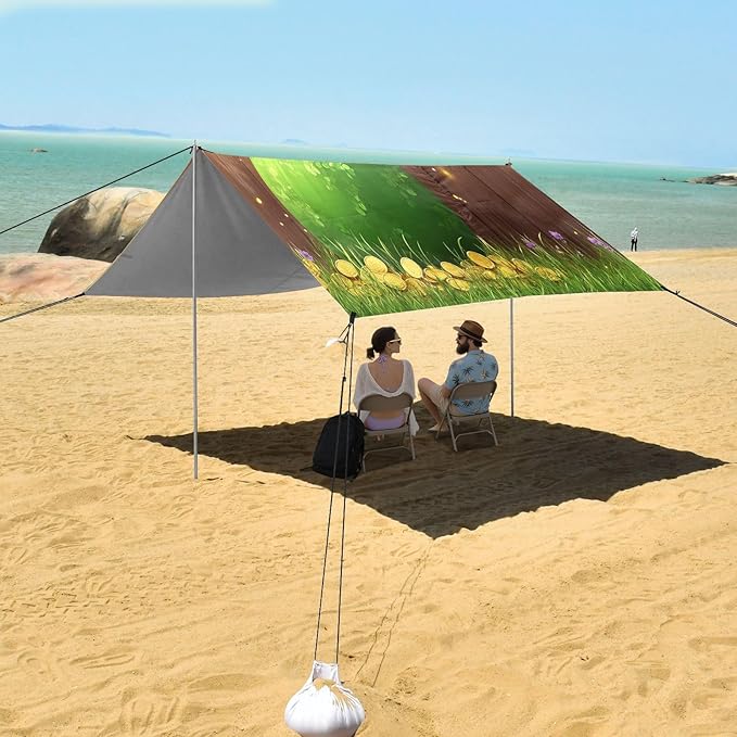 St Patrick's Day Rainbow Coins Pot Beach Tent Sun Shelter Set UPF50+ UV Protection 10.5 x 9.19 FT Camping Shade Canopy with Sandbags Sand Anchors Carrying Bag and Others
