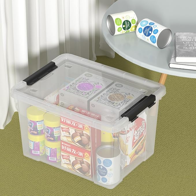 Sandmovie 40 Quart Clear Large Plastic Storage Bin Latching Storage Box with Lids and Wheels Pack of 4