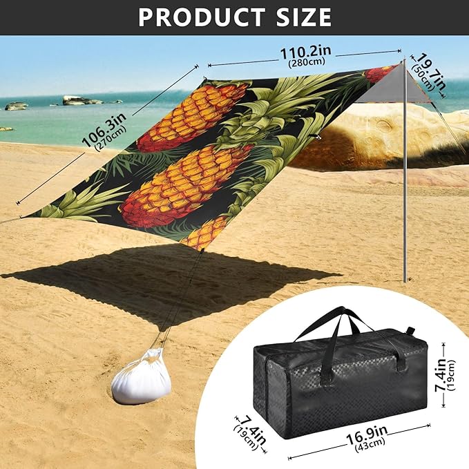 ALAZA Pineapples on Dark Beach Tent Sun Shelter Portable Canopy Sunshade for Outdoor Camping Picnics Backyard Fun 10x9 ft