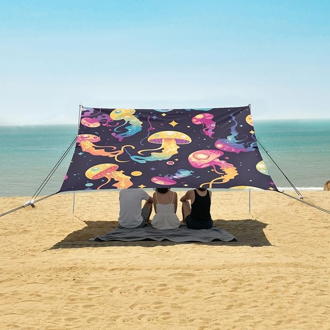 Colorful Jellyfish Foldable Beach Cabana UPF50+ Protection Water-Resistant Large Portable Sun Shelter with Sandbags and Shovel for Backyard and Camping