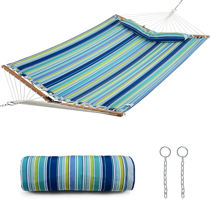 Tangkula 10.5FT Double Hammock Heavy Duty Outdoor Hammock with Curved Spreader Bars Detachable Pillow 2 Person Hammocks for Outside Porch Patio (Stand is not Included) (Blue+Green)