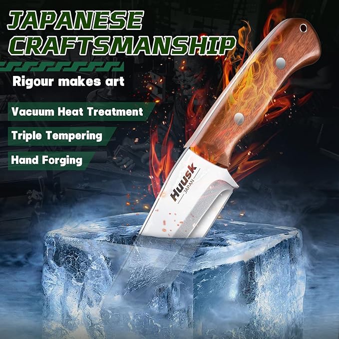 Huusk Bushcraft Knife Fixed Blade Hunting Knives with Leather Sheath 5 Survival Knife Japan Carbon Steel Full Tang Outdoor Camping Knives for Men Dad Present
