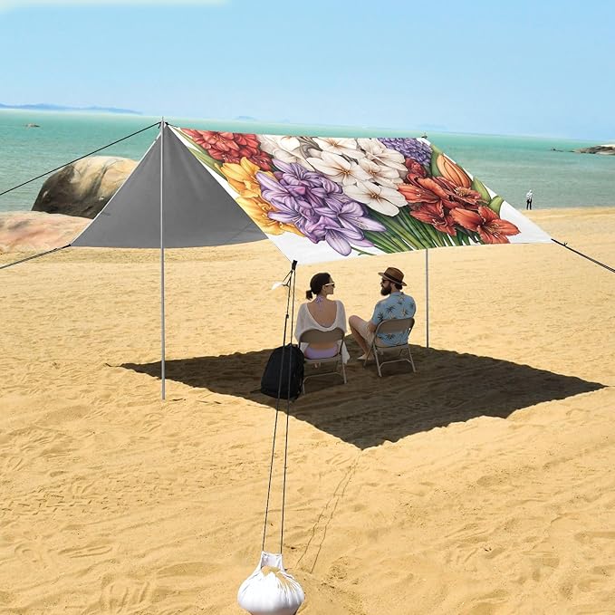 Spring Flowers Hyacinths Calla Lily Amaryllis White Beach Cabana UPF50+ Protection Waterproof Large Sun Shelter with Carrying Bag for Backyard and Camping