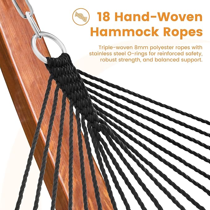 Lazy Daze Hammocks 10.5 FT Double 2 Person Caribbean Rope Hammock Hand Woven Polyester Hammock with Spreader Bars for Outside Outdoor Backyard Patio Poolside 450 LBS Capacity Black/White