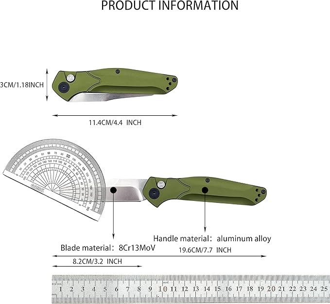 7.7 EDC Folding Knife with D2 Steel Blade Green Aluminum Handle Pocket Knife with Reversible Clip for Outdoor Camping Fishing。