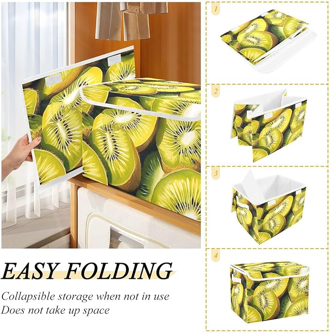 Vintage Kiwi Fruits Storage Cube Bins Basket with Lid Collapsible Flip-top Fabric with Handle for Home Bedroom Closet Office 16.5×12.6×11.8 in