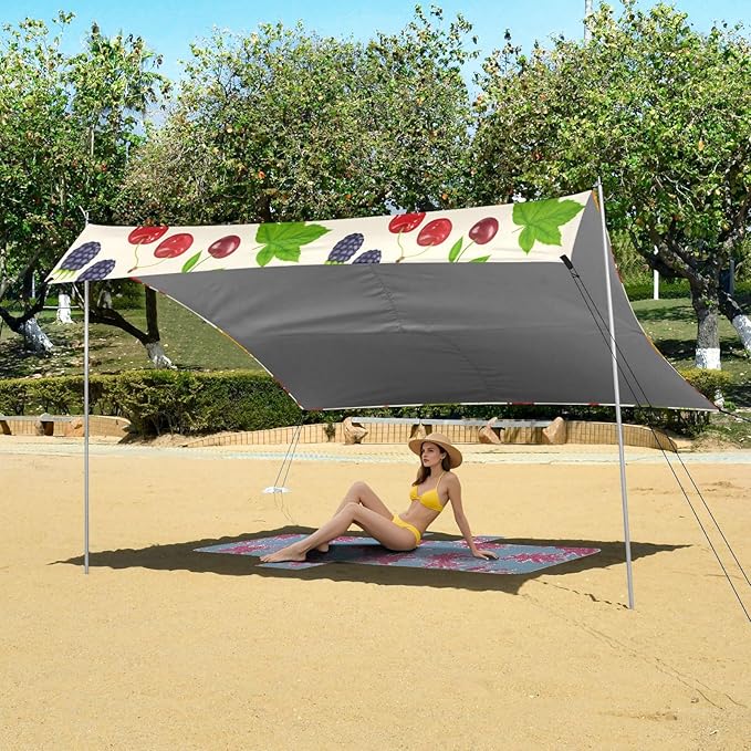 xigua Fruit Beach Tent Sun Shelter with Carrying Bag - Silver Coated Oxford Fabric Beach Canopy for Beach Camping Fishing - Includes Windproof Ropes Sandbags &amp Stakes