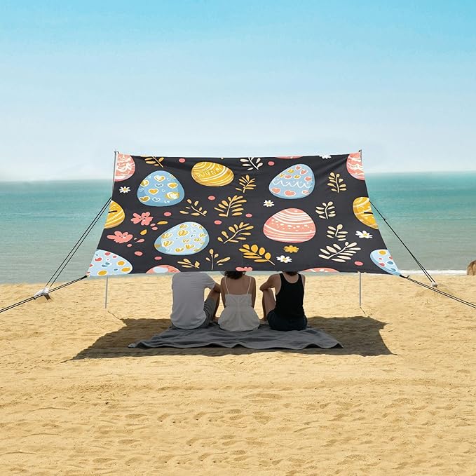 Easter Colorful Eggs Beach Tent Sun Shelter Set UPF50+ UV Protection 10.5 x 9.19 FT Camping Shade Canopy with Sandbags Sand Anchors Carrying Bag and Others