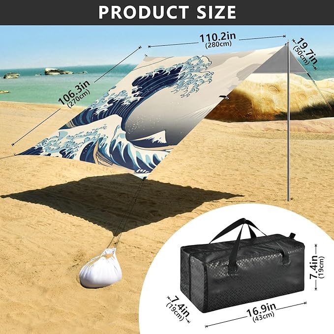 Beach Canopy with Windproof Ropes &amp Sandbags Beach Tent Sun Shade Sun Shelter for Camping Trips Fishing Backyard Fun or Picnics Waves