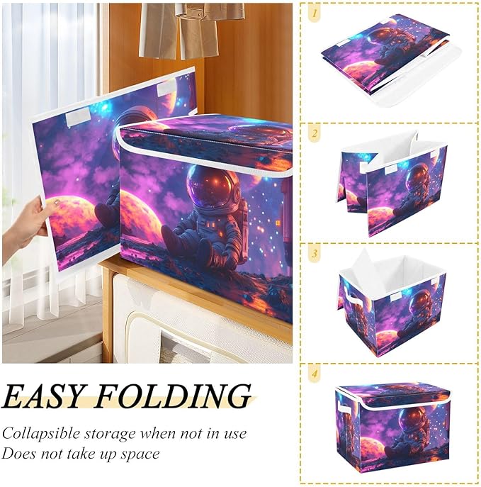 AIXIWAWA Lidded Storage Cube (Cute Astronaut) Fabric Foldable Closet Bins with Flip Lid and Handles Organizer Basket Container 16.5 x 12.6 x 11.8 IN