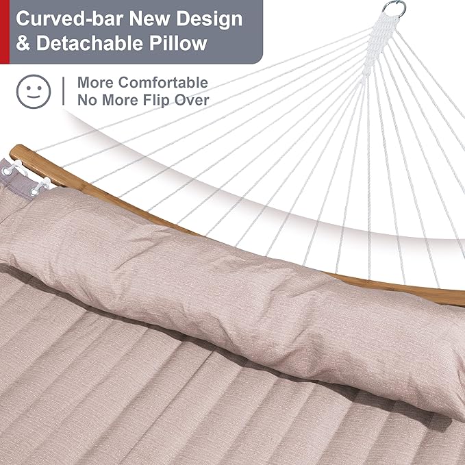 Double Hammock with 12 FT Stand 2 Person Curved Bar Hammock with Stand Pillow and Portable Carrying Bag Heavy Duty 450lbs Capacity Tan