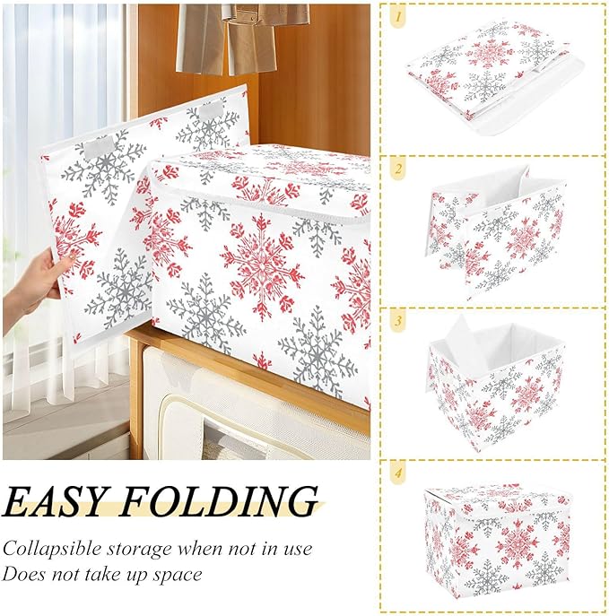 senya Christmas Baskets Collapsible Storage Bins with Lids Snowflakes Red Gray Storage Boxes Clothes Baskets for Organizing