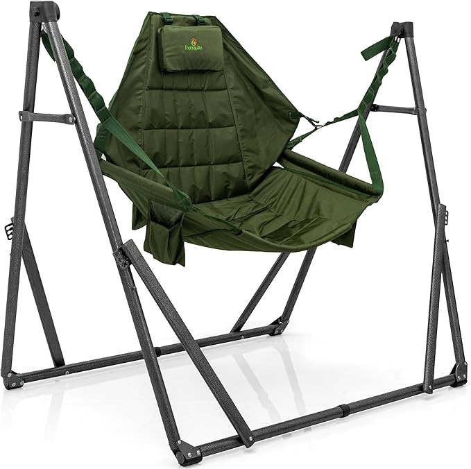 Tranquillo 2 in 1 Hammock and Swinging Chair with Collapsible Steel Stand &amp Carrying Case Portable &amp Adjustable 30s Set Up for Outdoor Indoor Porch Swing Patio Garden Camping Trip Gree