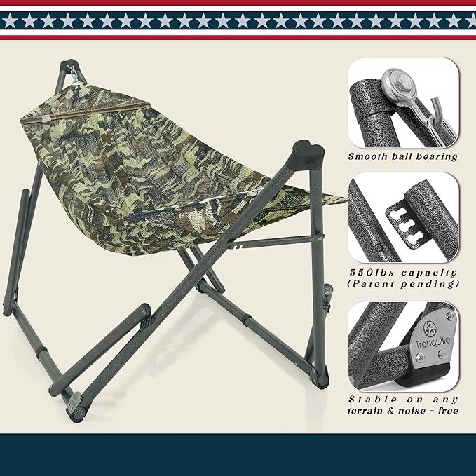 Tranquillo Uniki 550 lbs Capacity Hammock 3-Year Warranty 30s Folding Camping Hammock with Stand Portable Hammock for Indoor Outdoor Instant Setup No Screws Needed Camo