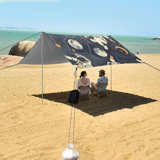 ALAZA Astronaut Moon Stars Pop Art Beach Tent Sun Shelter UPF50+ Protection Beach Shade Canopy w/ 4 Sandbags for Outdoor Camping Fishing Backyard Fun Picnic 10x9 ft